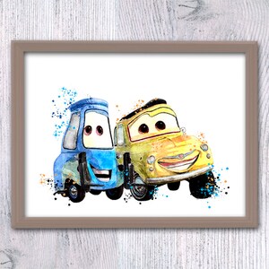 May include: A watercolor painting of two cartoon cars, one blue and one yellow, with a splatter paint background.