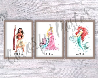 Disney Prinzessinnen Badezimmer Drucke, 3-er Set Pädagogische Wandkunst, Prinzessinnen Dekor, Kinder Badezimmer Regeln, Ariel, Aurora, Moana V824
