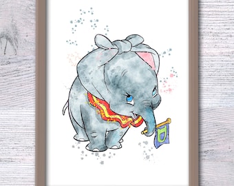Dumbo Watercolor Print: Flying Elephant Nursery Decor V162