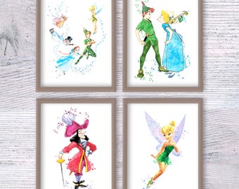 Peter Pan watercolor print Set of 4 Disney wall decor Disney Peter Pan art poster Home decoration Boys room decor Kids room wall art V179