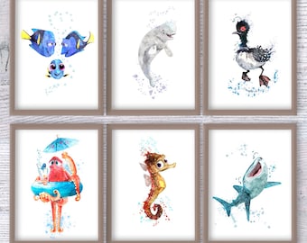 Finding Dory Watercolor Print Set: Kids Bathroom Nursery Decor V116