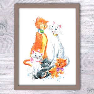 Impresión de acuarela de Los Aristogatos Póster de Los Aristogatos Arte infantil Regalo de cumpleaños Arte de pared para habitación infantil Todos los gatos Arte de Disney Decoración del hogar V551
