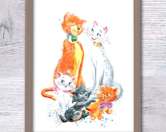 Aristocats watercolor print The Aristocats poster Nursery art Birthday gift Kids room wall art All cats Disney art Home decor V551