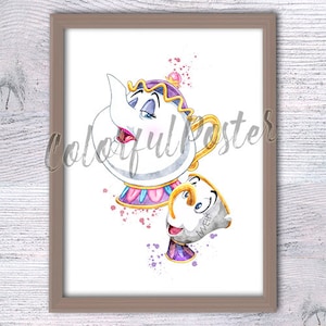 Beauty and the Beast Print Mrs Potts and Chip birthday gift  Poster Nursery Posters Girl Room Wall Art Nursery Cartoon Home Decor V158