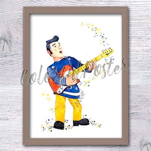 Póster de Sam el bombero. Guitarra de Sam el bombero. Dibujo animado de Sam Tan. Impresión. Arte de pared infantil. Regalo de cumpleaños. Lindo bombero. Decoración del hogar. V722