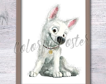 Lámina de Bolt de Disney, póster de acuarela de Bolt, decoración de pared de Disney, arte de pared para habitación infantil, decoración para habitación de bebé, decoración de parque infantil, Pastor Blanco V470