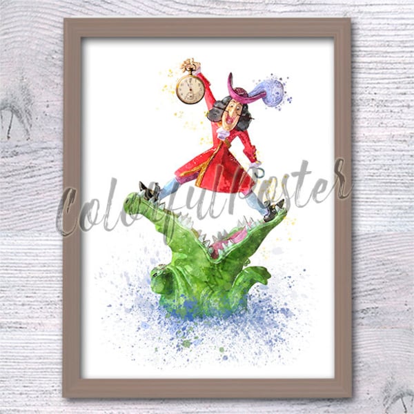 Captain Hook print Tick Tock poster Peter Pan wall decor Hook and crocodile Nursery art Never land print V744