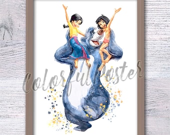 Jungle Book Watercolor Print: Mowgli, Shanti & Baloo Nursery Art V679