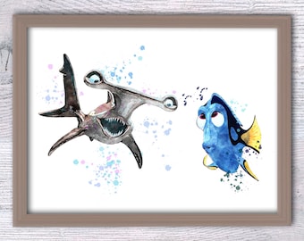 Finding Nemo Print, Anchor Dory Bruce Art, Disney Pixar Wall Decor, Ocean Nursery and Kids Room Art, Marlin and Crush Fan Gift V91