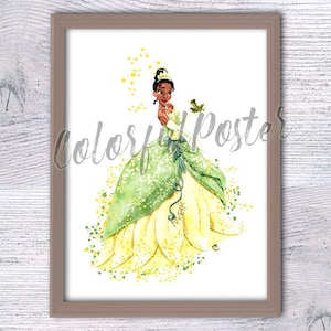 Princesa Tiana imprimir Tiana cartel La princesa y el sapo imprimir Tiana acuarela Princesa decoración de pared Vivero arte V167