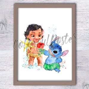 Moana Print Stitch Poster Prinzessin Moana Aquarell Stitch Wanddekor Moana und Stitch Moana Poster Prinzessin Moana Aquarell V496