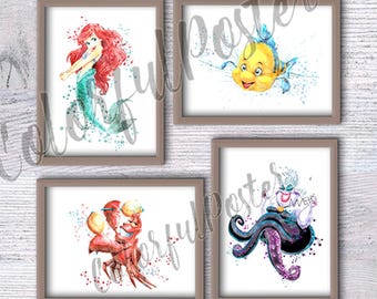 Little Mermaid Ariel Set of 4 Flounder Sebastian print Birthday gift Ariel and friends poster Wall art Home decor Bathroom decor V197