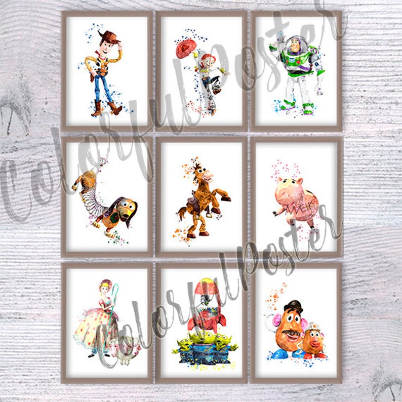 Toy story print Set of 9 Disney wall decor Toy story poster Nursery wall art Woody watercolor Buzz Lightyear print