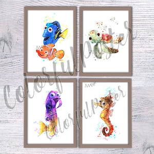 Finding Nemo Print Set of 4, Wall Art for Kids, Ocean Theme Nursery Decor, Dory and Nemo Posters, Birthday Gift, Bathroom Decor V30