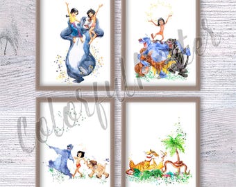 May include: Set of four framed watercolor prints featuring characters from a classic animated film. Each print showcases a different scene with vibrant colors and whimsical illustrations. The prints are framed in a neutral tone, ready to hang.