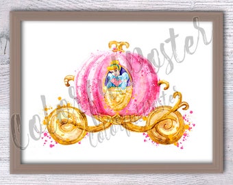 Cinderella Carriage Watercolor Print: Nursery Wall Art V354