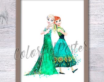Elsa and Anna Watercolor Print: Frozen Nursery Decor V644