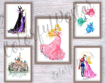 Dornröschen Aquarell Print Set: Aurora, Schloss, Feen - Kinderzimmer Wandkunst V319