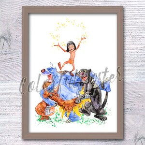 May include: A watercolour painting of Mowgli from The Jungle Book standing on top of Baloo the bear, who is standing on top of Bagheera the panther. Mowgli is raising his arms in the air, and there are yellow stars around him.