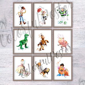 Zestaw 9 wydruków Toy Story, Woody, Buzz i przyjaciele, sztuka ścienna, wystrój pokoju dziecięcego lub pokoju dziecięcego Pixar, zestaw plakatów Disney V307