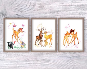 Bambi and Friends 3 Print Set, Forest Animal Nursery Decor, Disney Woodland Art, Cute Bambi Poster Set, Bambi Nursery Art V391
