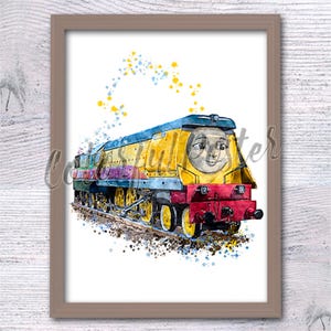 Puede incluir: Ilustración en acuarela de un tren amarillo y azul con una cara sonriente. El tren tiene detalles en rojo y amarillo, sobre un fondo blanco. La imagen está enmarcada en un marco marrón claro.