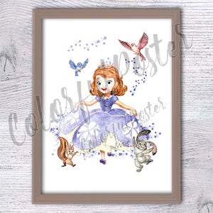 Póster de Sofía la Primera Princesa Sofía Decoración de pared Regalo de cumpleaños Decoración del hogar Arte de pared Regalo para ella Bebé Sofía acuarela V315