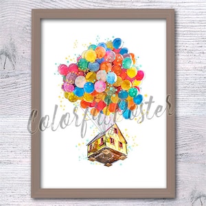 Up poster Up print Disney wall decor Home decor Wall art Birthday gift Disney Up watercolor Nursery art Cute balloons V506