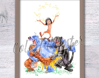 Mowgli and Friends Print, Watercolor Jungle Book Nursery Art V680