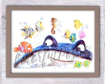 Finding Dory poster, Finding Nemo poster, Mr.Ray wall art,  art, Ocean print, Nautical print, Baby Dory, nursery, Kid room decor V96