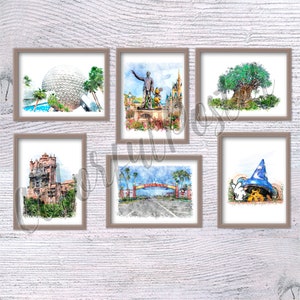 Disney theme park Set of 6 Disney wall decor Disney icon Nursery art Disney world Christmas gift Disneyland print Disney poster V737