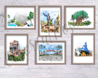 Disney theme park Set of 6 Disney wall decor Disney icon Nursery art Disney world Christmas gift Disneyland print Disney poster V737