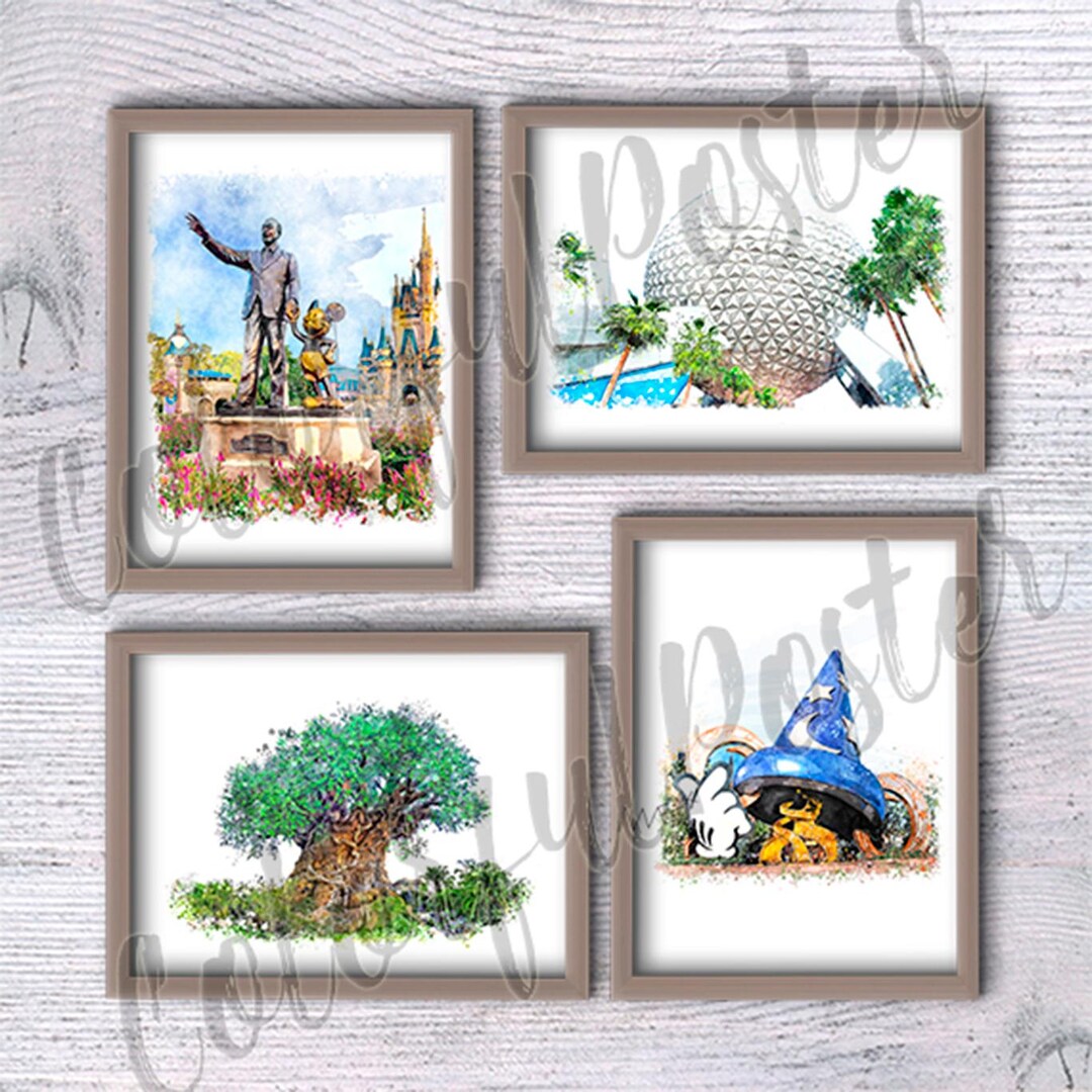 レア☆アメリカンヴィンテージ ディズニー ウォールプラーク 壁飾り ウォールデコ ディズニーパークプリント 4枚セット ディズニーテーマ ディズニー