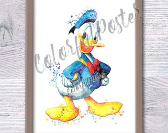 Póster de acuarela del Pato Donald, decoración de pared Disney, lámina artística del Pato Donald de Disney, arte de pared para habitación infantil, decoración para habitación de niño, regalo para baby shower V266
