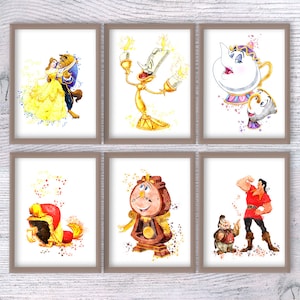 Poster La bella e la bestia Set di 6 stampe La bella e la bestia Decorazione da parete Belle Principessa Belle acquerello Arte per bambini Bellezza acquerello V360