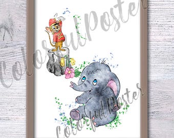 Dumbo Watercolor Print: Flying Elephant Nursery Art V290