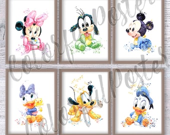 Disney Watercolor Baby Prints, Set of 6, Nursery Decor V561