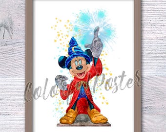 Zauberer Micky Print, Fantasia Disney Wanddekor, Micky Maus Kunst, Geburtstagsgeschenk, Disney Wohnkultur, Magisches Disney Geschenk V876