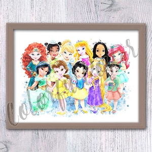 Adorable Disney Baby Princess Art Print for Nursery Decor, Watercolor Fairytale Wall Art for Girl&#39;s Room, Cute Princess Gift V607