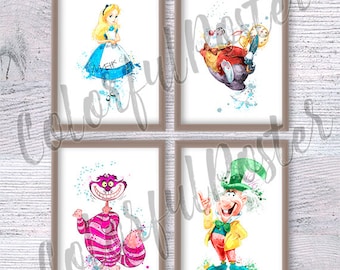 Alice in Wonderland poster Set of 4 Alice wall decor Wonderland print Nursery art Alice watercolor Wonderland poster V519