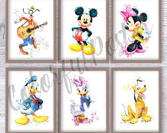 Mickey Mouse poster Set of 6 Mickey Mouse and friends print Birthday gift Nursery art Minnie Mouse poster Home decor Wall art V505