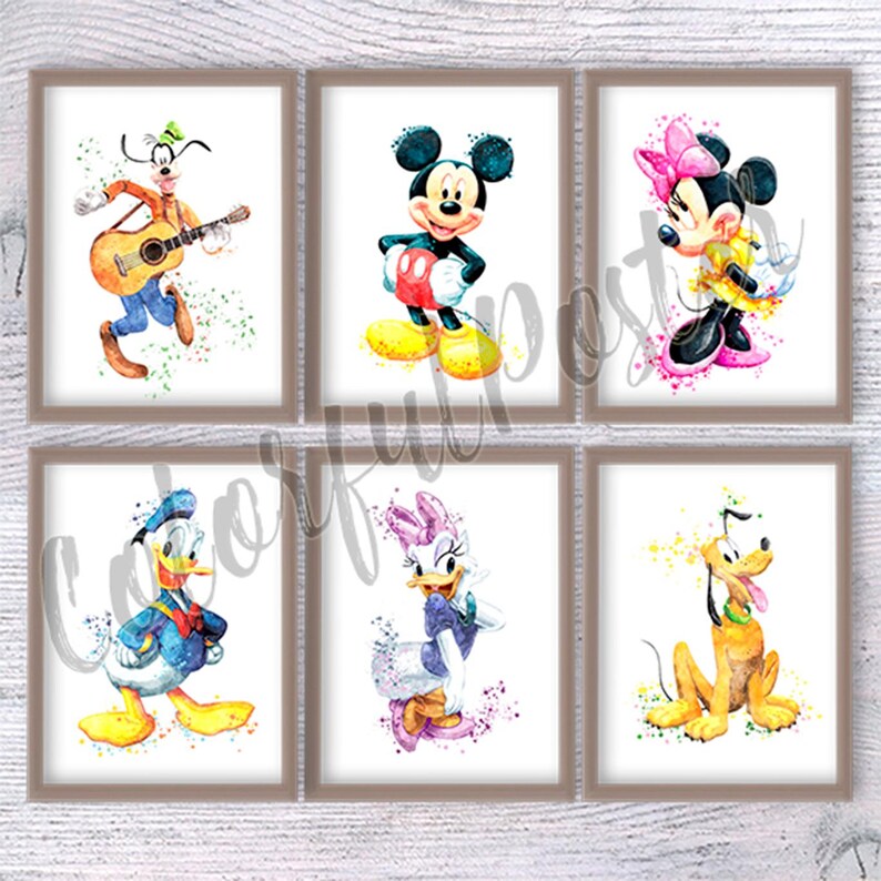 "A set of 6 physical art prints featuring Mickey Mouse and Friends: Mickey, Minnie, Donald Duck, Daisy Duck, Goofy, and Pluto. Each character is rendered in a modern watercolor splash style with rainbow paint splatters on a crisp white background."