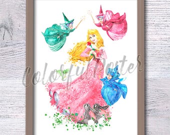 Impresión de Hada Madrina, póster de La Bella Durmiente, Aurora y hadas, decoración de pared de hadas, arte infantil, decoración de sala de juegos, arte de pared para habitación infantil V566