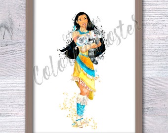Impressão artística em aquarela de Pocahontas, decoração para quarto infantil V444