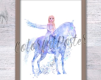 Póster de Elsa y Nokk, lámina artística de Frozen 2, decoración de pared de princesas Disney, Hacia lo desconocido, decoración infantil, Arendelle, Caballo de agua, regalo V873