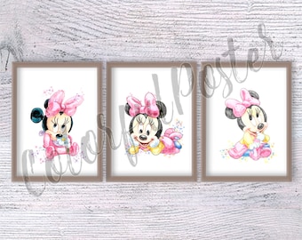 Baby Minnie Mouse Prints: Set of 3, Nursery Watercolor Art