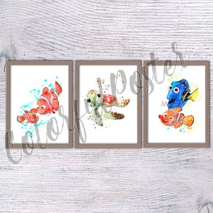 Impresión de acuarela de Nemo, Buscando a nemo, animación, Juego de 3, Arte de vivero, arte de pared de nemo, Impresión de arte, Marlin y Nemo, Dory, Sheldon, V38