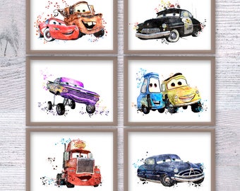 Autos Aquarell Print Set: Kinderzimmer Wand Dekoration (6er Set) V458