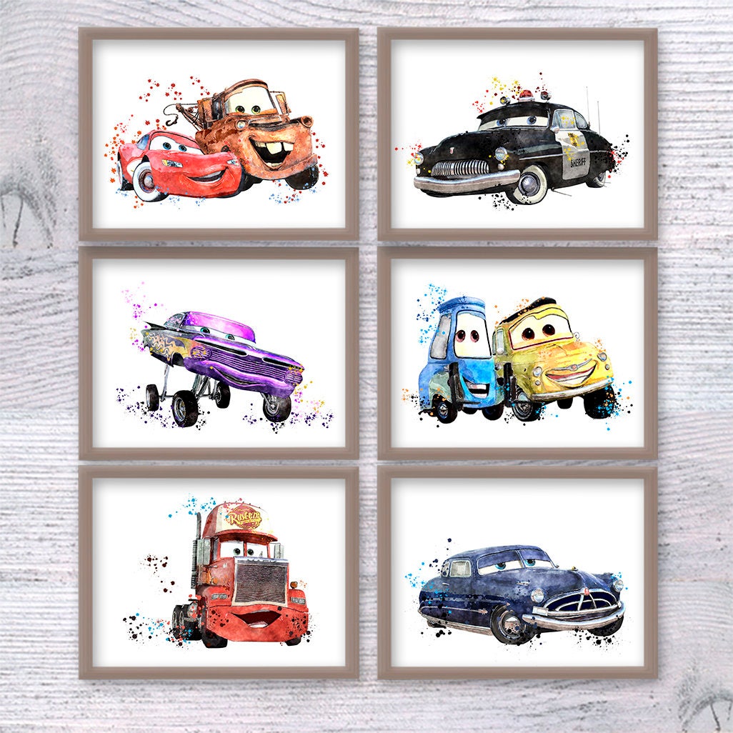 disney cars poster set of 6 cars print disney wall decor baby etsy