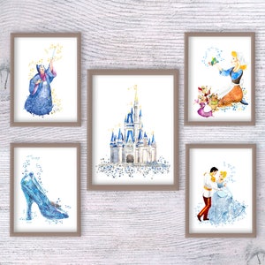 Cinderella print Set of 5 Cinderella poster Cinderella wall decor Cinderella castle print Princess Cinderella watercolor Nursery art V464